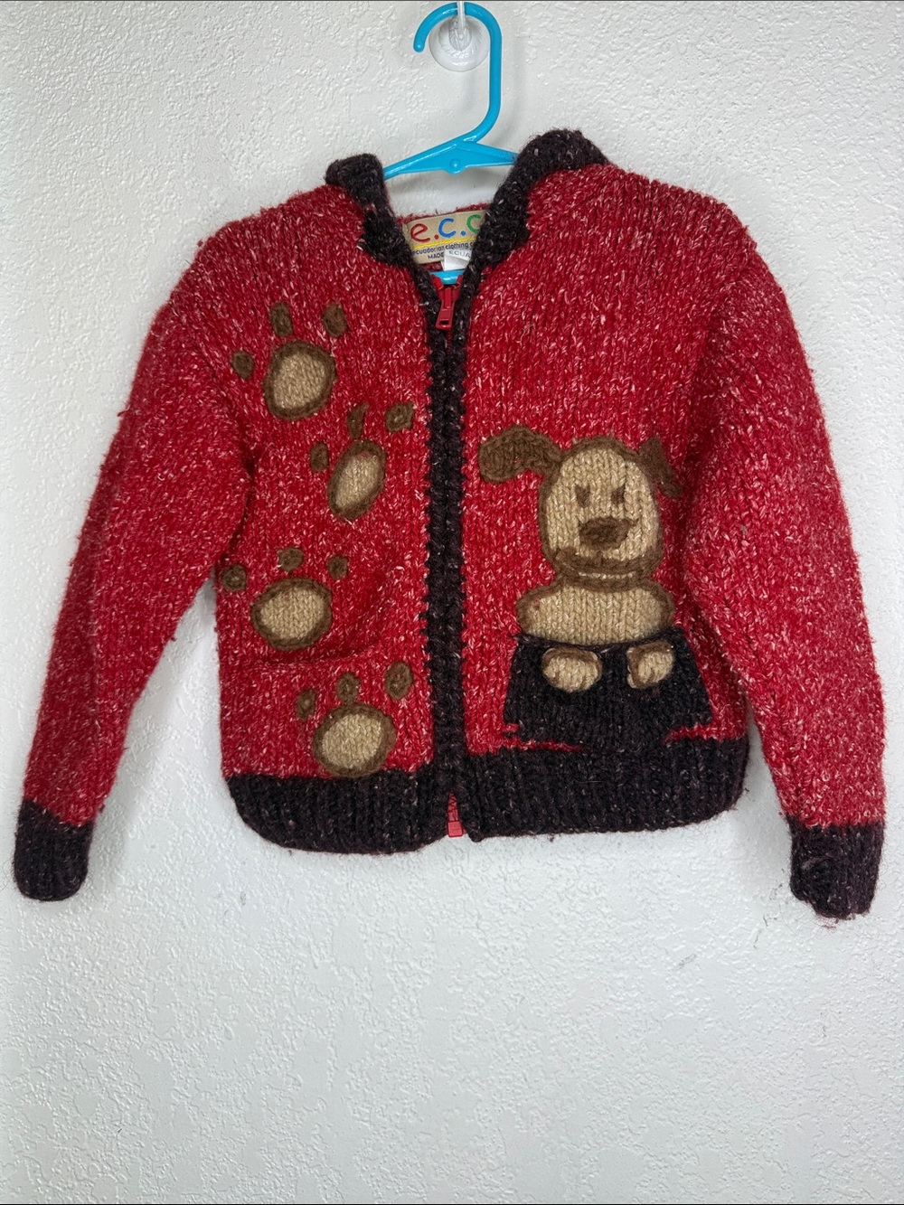 E.C.C. Red Handmade Wool Cotton Blend Dog Paw Hooded Zip Knit Sweater full zip